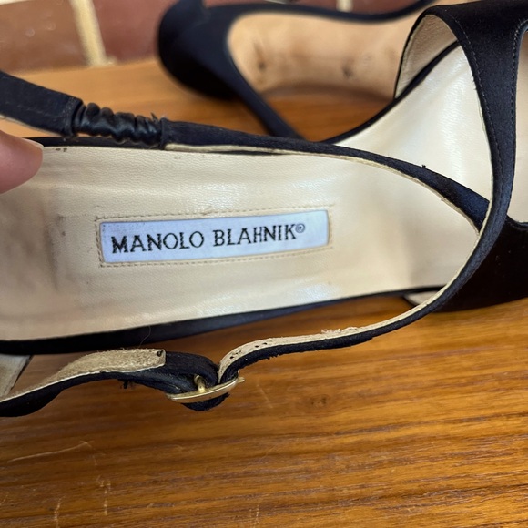 Manolo Blahnik Black Satin Peep Toe Stiletto Slingback Heels - Picture 8 of 15